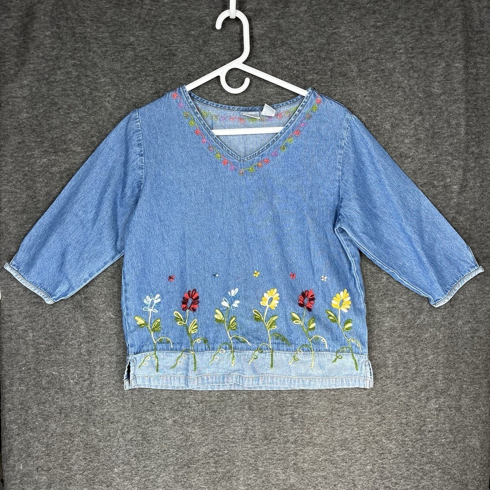 Bleu Bayou Denim Jean Blouse Shirt Womens S Embroidered Floral Cottagecore Y2K